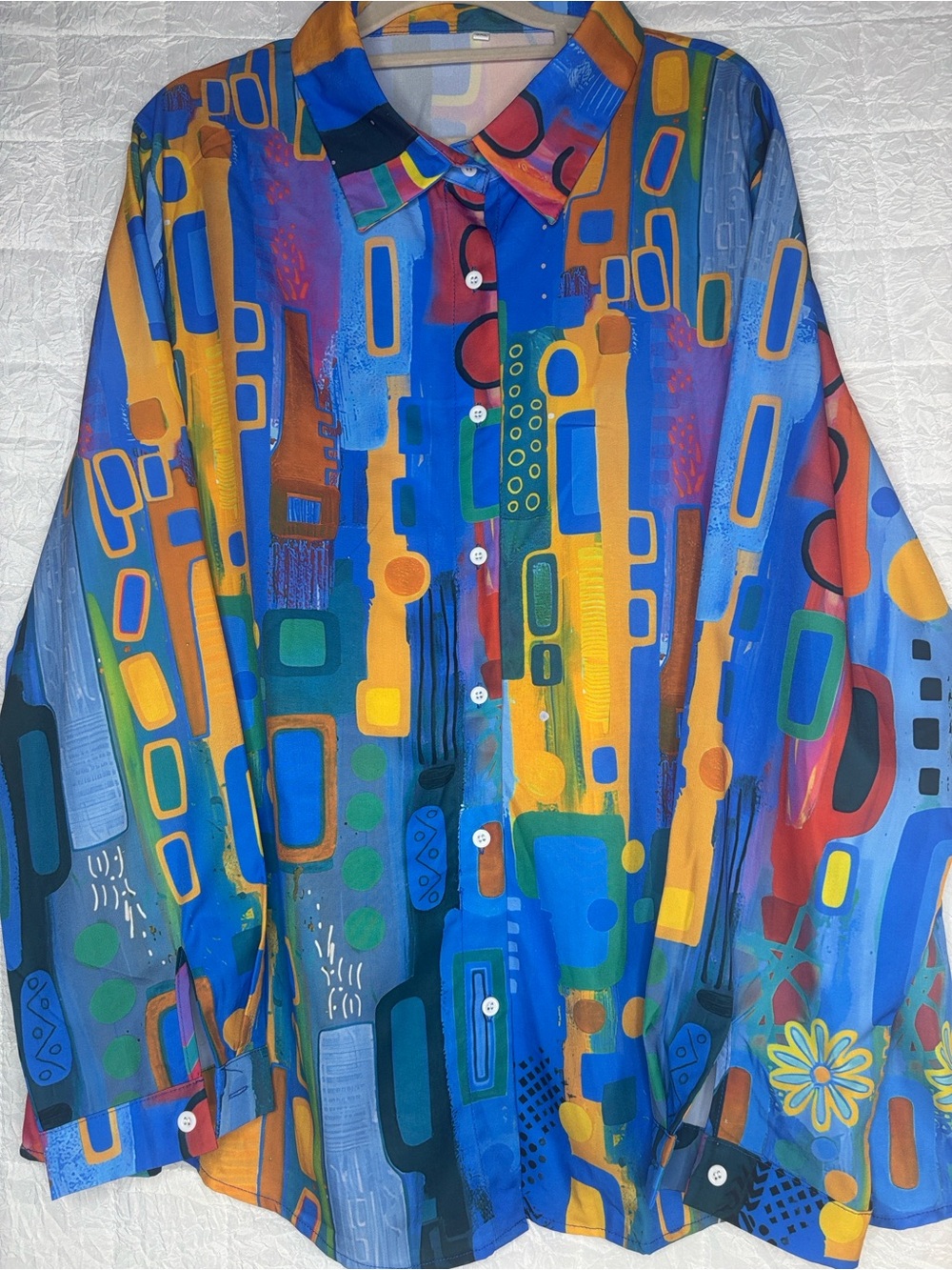 Women’s Abstract Art Print Button Front Blouse Boho Chic Long Sleeve Size 3X